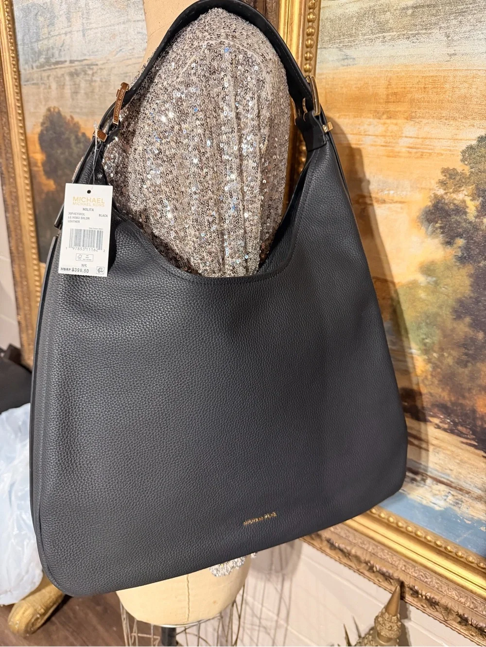 Michael Kors Nolita Black Pebbled Leather Shoulder Hobo with Gold Hardware NWT